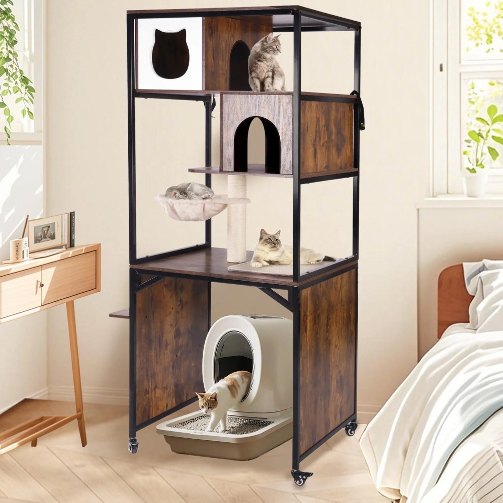 Aivituvin Cat Tree, 68-Inch Cat Tower for Indoor Cats, Wood Cat Condo Furniture with Litter Box Enclosure, 2-in-1 Modern Cat Tower - Image 5