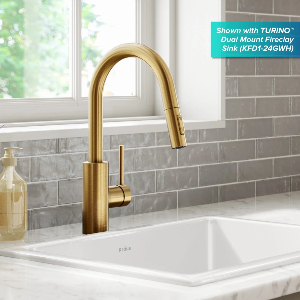 KRAUS Oletto Single Handle Pull Down Kitchen Faucet with QuickDock Top Mount Installation Assembly in Spot-Free Brushed Brass - Image 5
