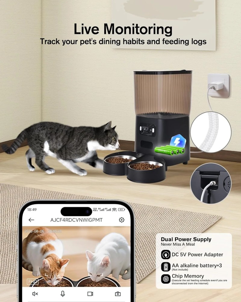 DENZUS Automatic Cat Feeder 2 Cats with Camera, 5L Dual Pet Auto Timed Electric Smart App Food Feeding Dispenser (Black, 2 Bowls) - Image 4