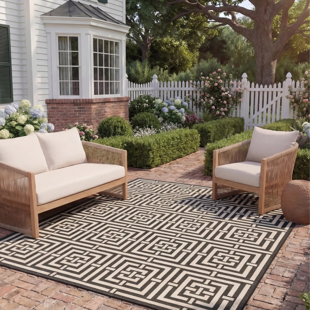 Safavieh Courtyard Ariana Geometric Indoor/Outdoor Area Rug, Black/Bone, 9" x 12" - Image 14