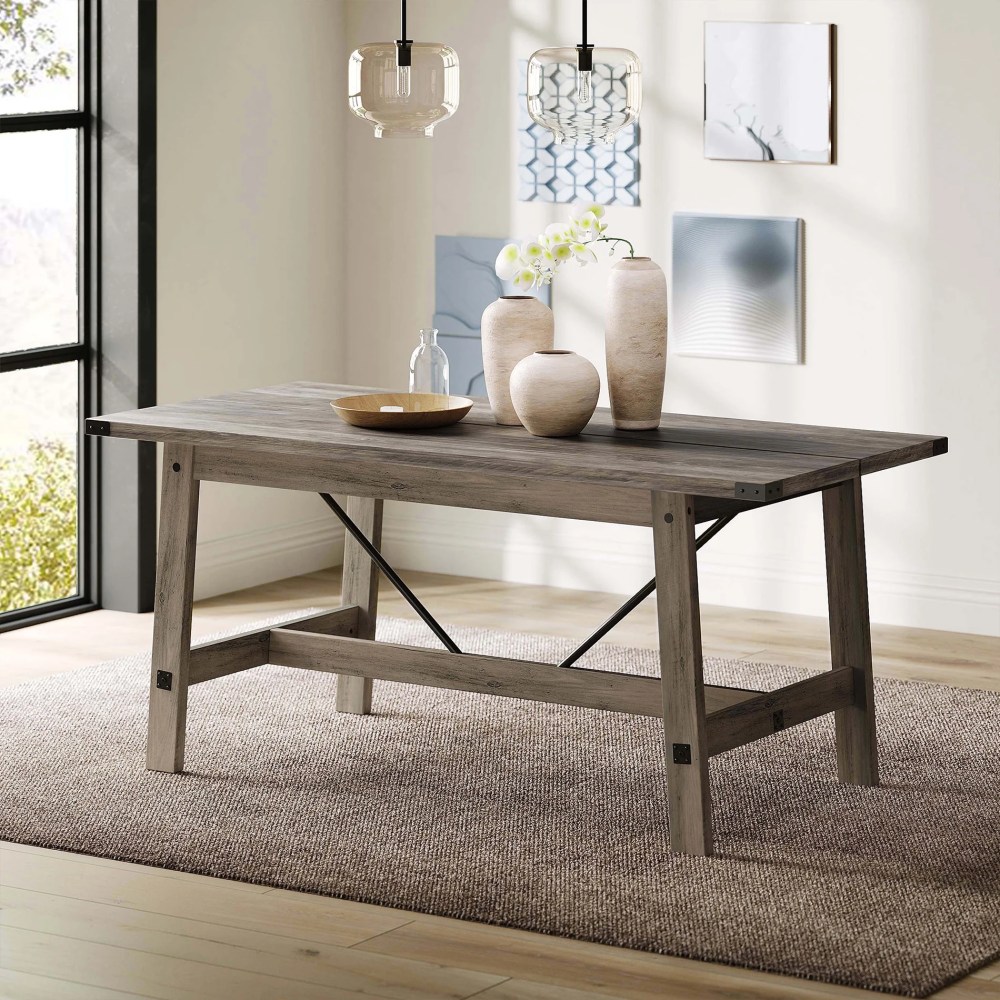 WAMPAT 6 Person Modern Dining Room Table, Rustic Grey Wood Kitchen Table - Image 2