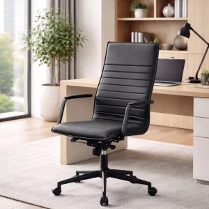 2xhome Designer Boss PU Leather with Arms wheels Swivel Tilt Adjustable Executive Mid Century Office Chair High Back Ribbed Modern Work Task Computer Black Desk Chair on Black Base,Set of 1,1 piece