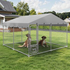 Uforic 10'x10" Large Outdoor Dog Kennel with Rotating Feeder Bowls,  Outdoor Dog Enclosure with Roof,  Heavy Duty Dog Kennel for Backyard Farm