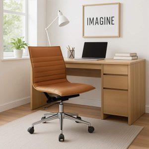2xhome Tan Mid Back Office Chair Armless Ribbed PU Leather Swivel Tilt Adjustable Chair Designer Executive Manager Office Conference Room Work Task Ergonomic Without Arm Rests,Set of 1,1 piece