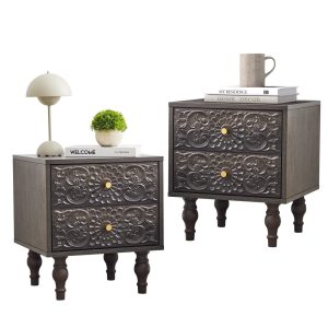 Wirrytor Modern Short Nightstand Set of 2 with 2 Drawers,Bedside Table 2 Drawer Dresser with Embossed Pattern,Storage End Table with Wooden Legs for Bedroom & Living Room,Black