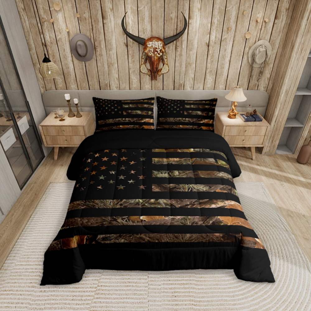 American Flag Camo Comforter Set Full, Military Hunting Bedding Set Rustic Trees Leaves Camouflage Comforter Teens Man Bedroom Nature Conifer Oak Branches Bedding Quilt Set 3 Pcs