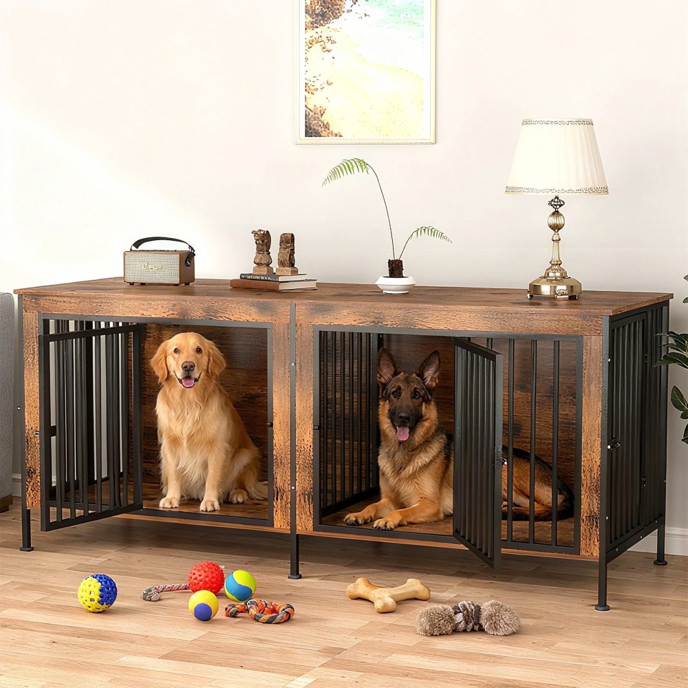TIME RAY 78 Inch Dog Crate Furniture for Large Dog, Wood Dog Kennel Furniture Indoor with Removable Divider, Dog Cage Furniture as TV Stand, Brown