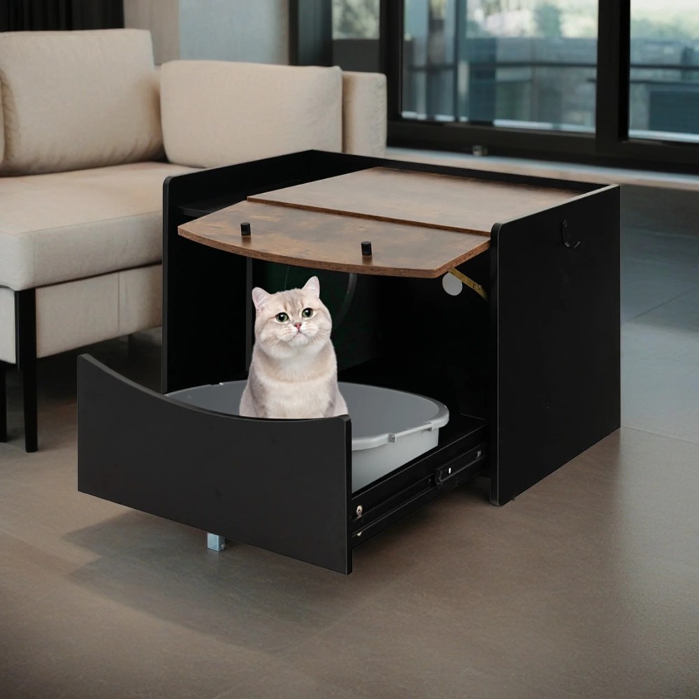 Pefilos 31" Wood Enclosed Cat Litter Box Enclosure, Hideaway Cat House Condo Washroom with Pull-out Drawer for Living Room, Black - Image 4