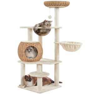 Alden Design 54" Tall Rattan Cat Tree with Soft Cushion Clear Bowl for Small/Medium Cats, Beige