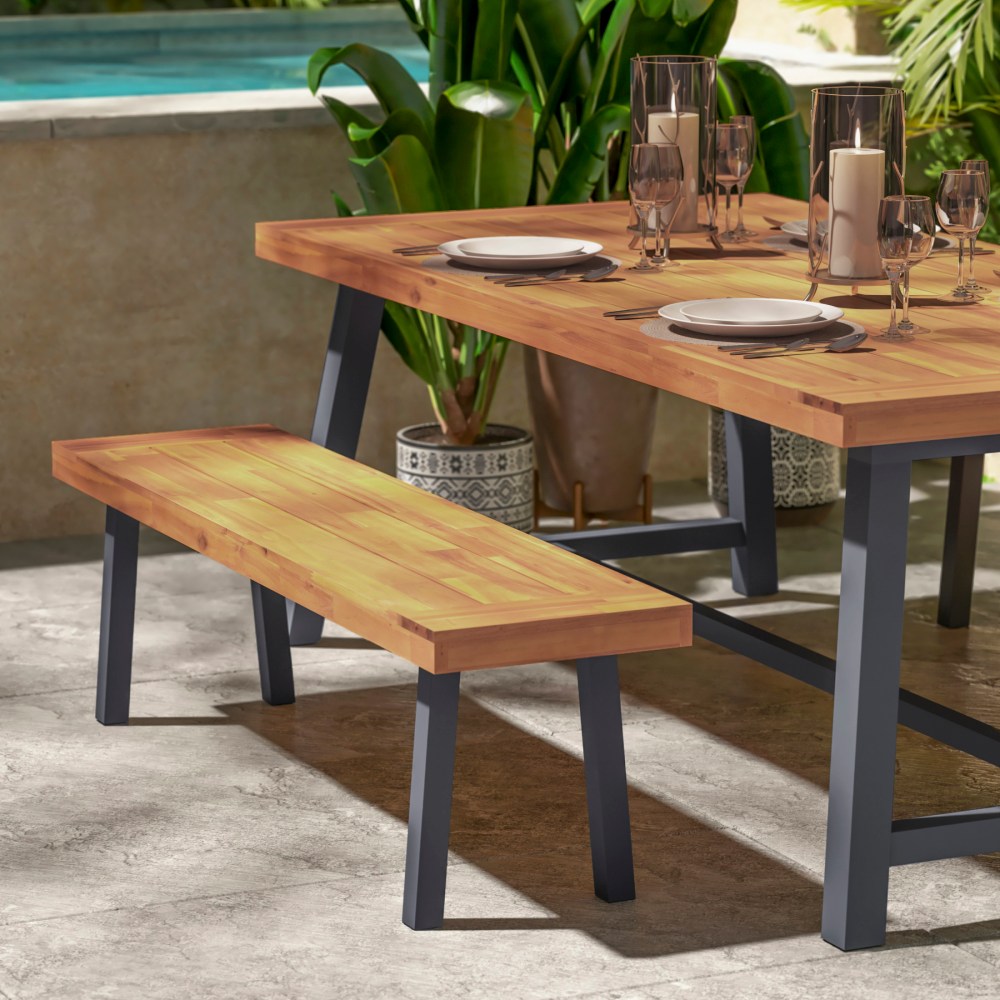 Flash Furniture Martindale Solid Acacia Wood Patio Dining Bench for 2 with Slatted Top and Gray Flared Wooden Legs in a Natural Finish - Image 2