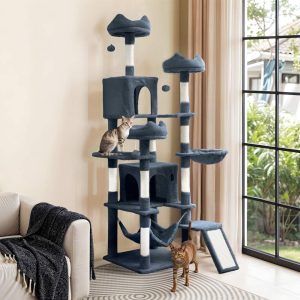 Uforic 75"Large Cat Tree Tower Multi Level Play Tower Condo with Sisal Ramp, Scratching Posts & Cozy Basket Hammocks, Dark Gray