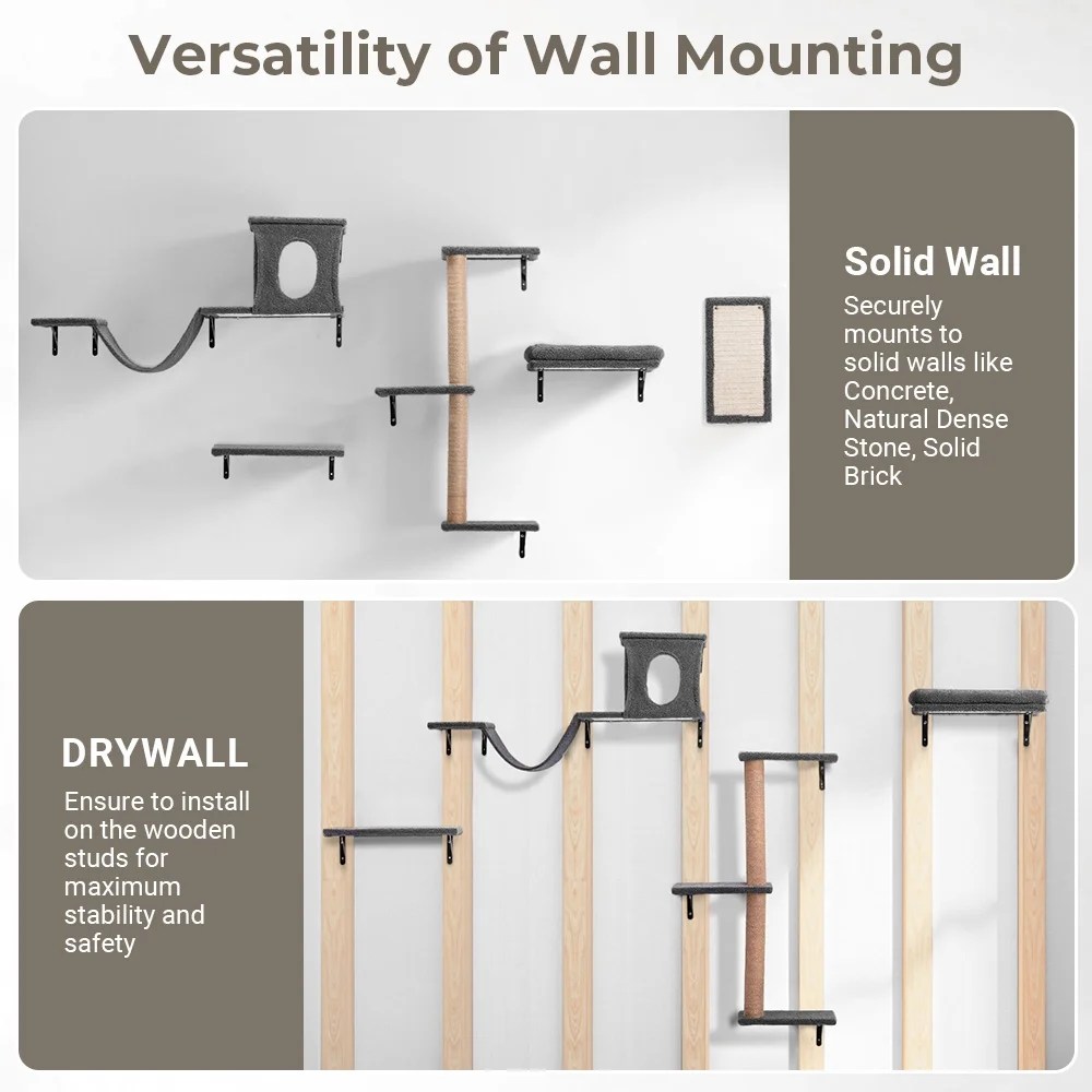 Cat Wall Shelves Perches Set, DOMIPET 5 in 1 Wall Furniture, Sleeping Playing Lounging Climbing Wall-mounted Cat Tree House for Multiple Cats - Image 2