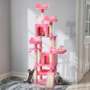 Uforic 75in Large Cat Tree Tower, Multi-Level Cat Condo with Scratch Posts, Cozy Basket Hammocks, Top Perches, Sisal Ramp, Pink