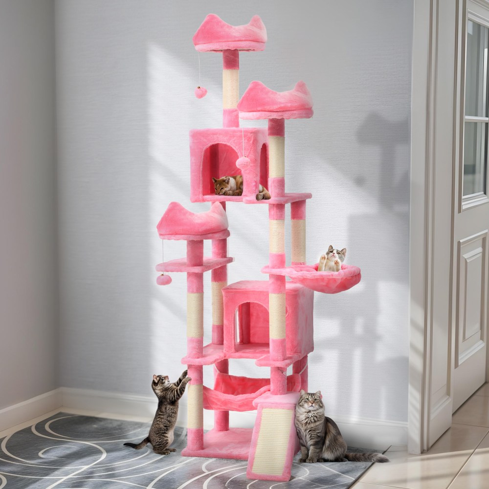 Uforic 75in Large Cat Tree Tower, Multi-Level Cat Condo with Scratch Posts, Cozy Basket Hammocks, Top Perches, Sisal Ramp, Pink
