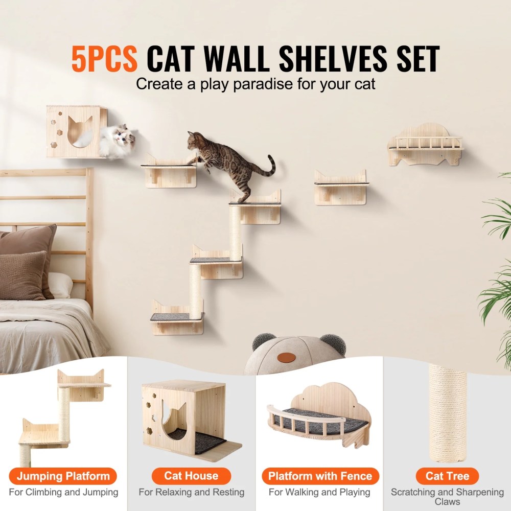 KFFKFF Set of 5 Cat Wall Mounts, Wall-Attached Cat Perches Up to 40 Lbs, Cat Wall Shelves for Resting, Engaging, Ascending - Image 7