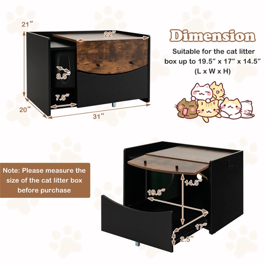 Pefilos 31" Wood Enclosed Cat Litter Box Enclosure, Hideaway Cat House Condo Washroom with Pull-out Drawer for Living Room, Black - Image 5
