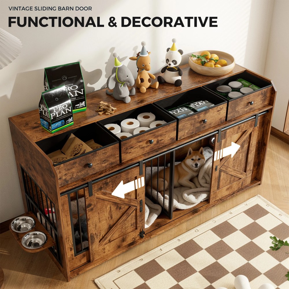 Advwin 63" Wooden Double Dog Crate Furniture with Drawers, Divider, Sliding Doors and Dual Feeding Stations, TV Stand Dog Kennel for 2 Small/Medium Dogs, Rustic Brown - Image 7