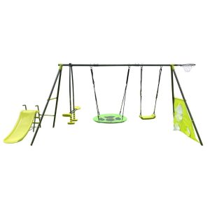 5 in 1 Outdoor Metal Swing Set with Basketball Hoop,  Glider Swing,  Heavy-Duty A-Frame Metal Outdoor Stand and Double Wall Slide,  Metal Playset for Kids with Slide