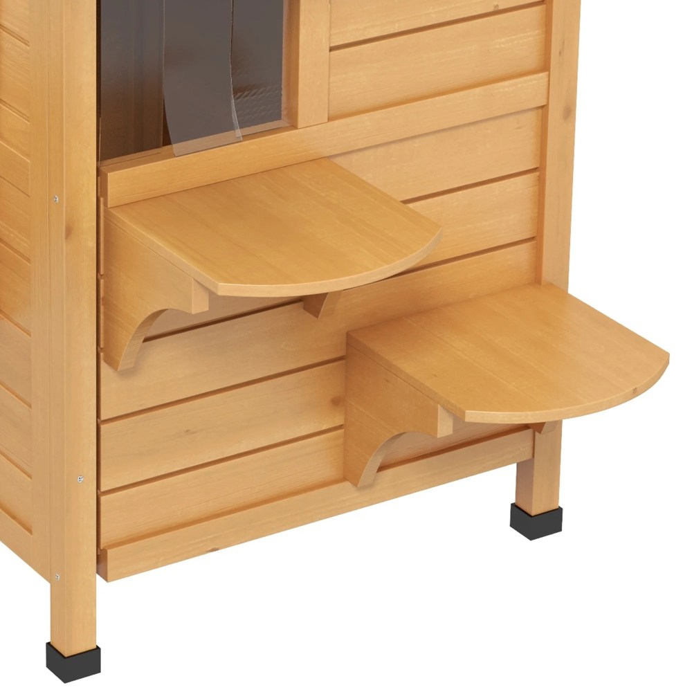 PawHut Outdoor Wooden 2-Story Cat House, Wooden Door, Openable Roof, Jumping Platforms, Natural - Image 4
