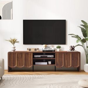 YOCWO TV Stands for 65 inch tv,TV Stand with Sliding Wave Doors,Wood Entertainment Center for TVs,Media Console Cabinet with Open Storage for Living Room,Walnut