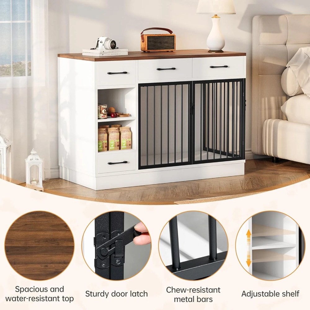 Selooye Large Dog Crate Furniture, Sturdy 2-Door 47.2" Wooden Furniture Style Crate for Dogs with 3 Storage Drawers and Hidden Feeding Bowl - Image 5