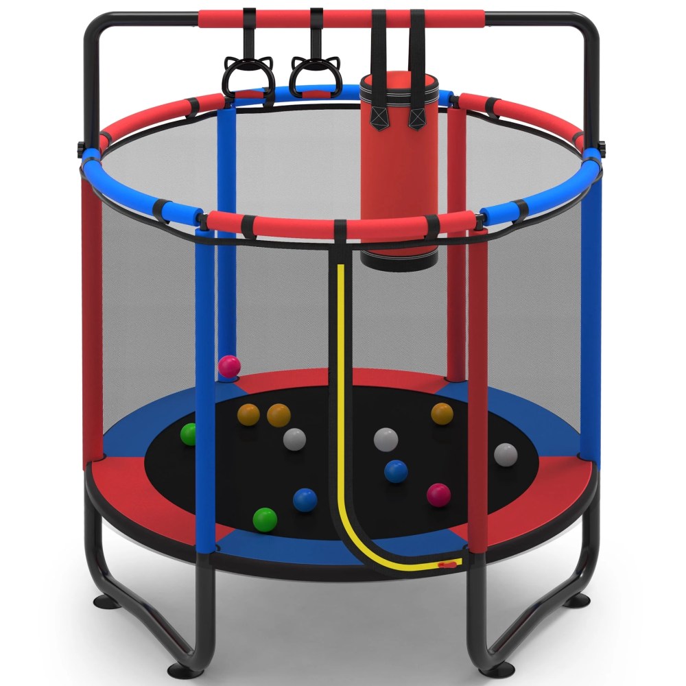 55" Toddler Trampoline, Activity Center with Gym Bar, Punching Bag, Rings, Ball Pit, Kids Trampoline, Indoor Toddler Play Gym, Mini Trampoline for Ages 3" 6, 110lbs Weight Capacity, Blue