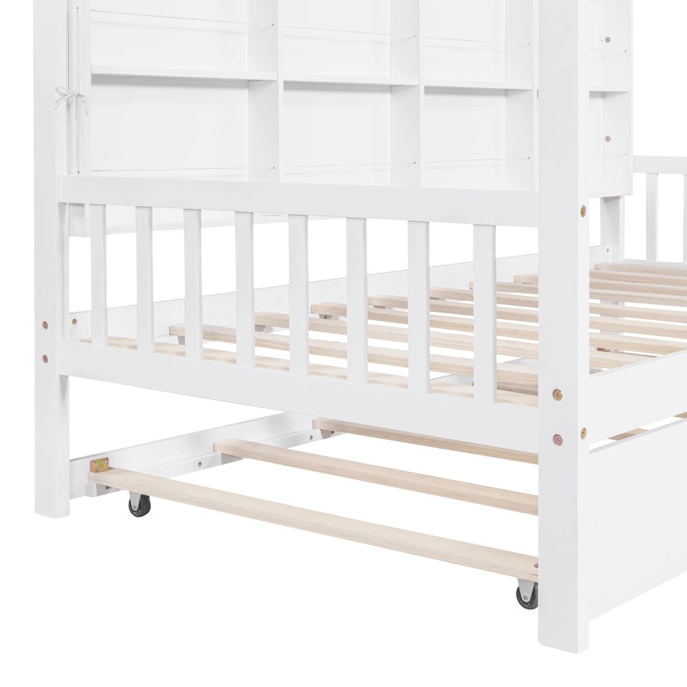 Aukfa House Bed with Trundle, Twin Platform Bed with Storage Shelves and Roof - White - Image 8