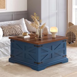Winkalon Farmhouse Coffee Table,Square Wood Center Table with Storage and Lift Top,Metal Corners for Living Room,Blue