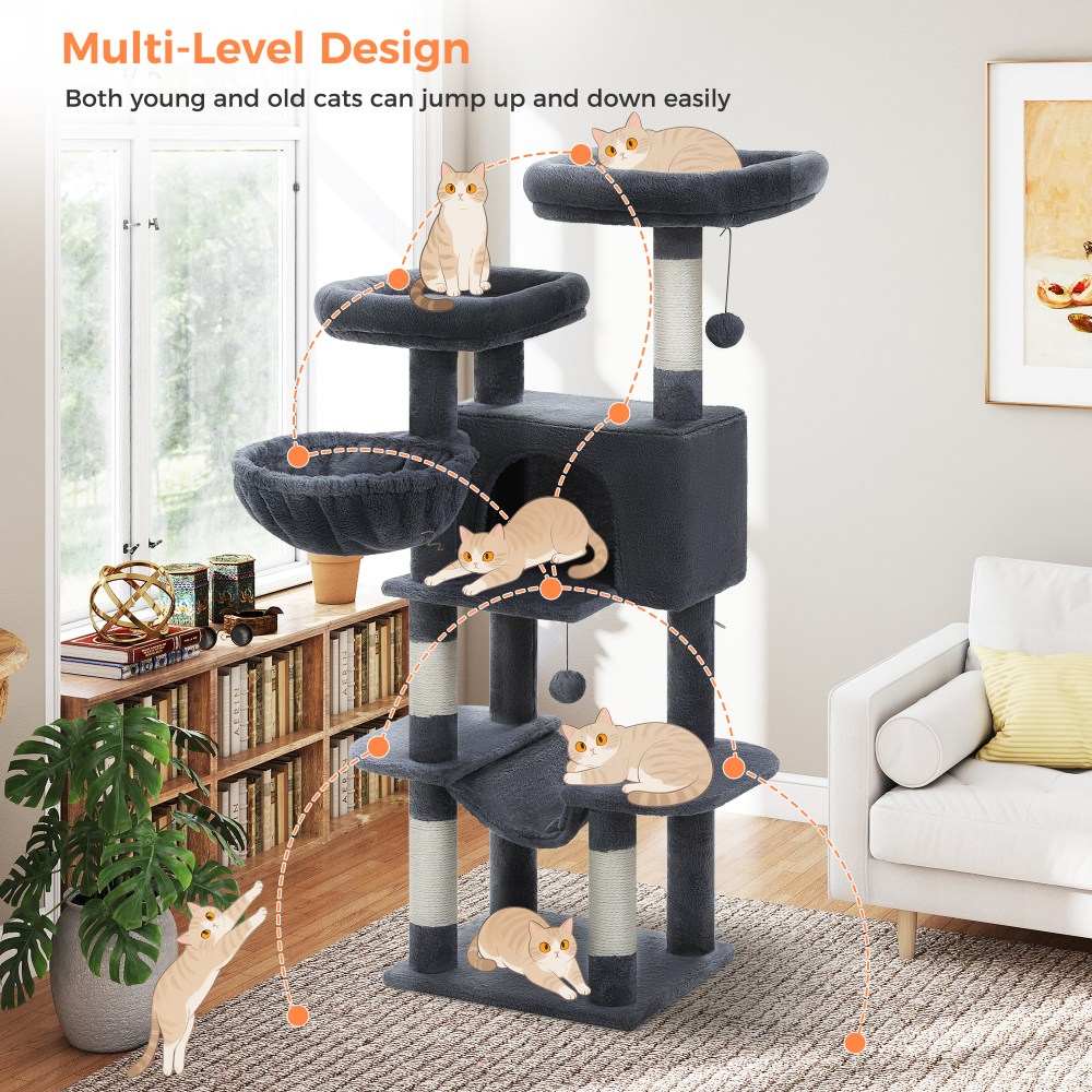PAWZ Road 46.5" Large Cat Tree Multi-Level Cat Tower with Top Perchs&Big Condo Indoor Dark Gray - Image 11
