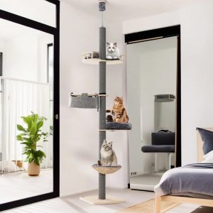 Pefilos 93"-107" Adjustable Height Floor to Ceiling Cat Tree Tower with 4-Tiers for Climbing, Modern Cat Tree for Indoor Cats, Gray