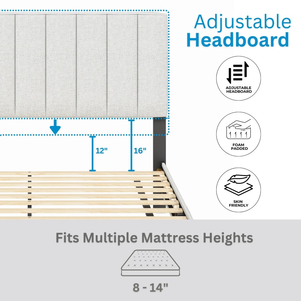 Boyd Sleep Leah Off White Linen Queen Size Fully Upholstered Platform Bed Frame with Adjustable Headboard - Image 9