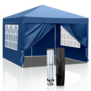 Zimtown 10" x 10" Folding Tent Gazebo Wedding Party Canopy Pop Up Instant Shelter W/ Two Doors & Two Windows and Carry Bag Blue