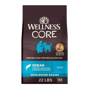 Wellness CORE Dry Dog Food,  Wholesome Grains,  High Protein,  Natural,  Ocean Whitefish & Herring Recipe,  (22-Pound Bag)