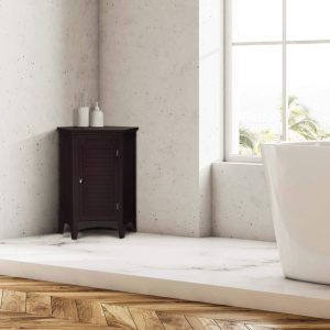 Teamson Home Glancy Freestanding Corner Floor Accent Cabinet with Faux Louvered Door, Dark Brown