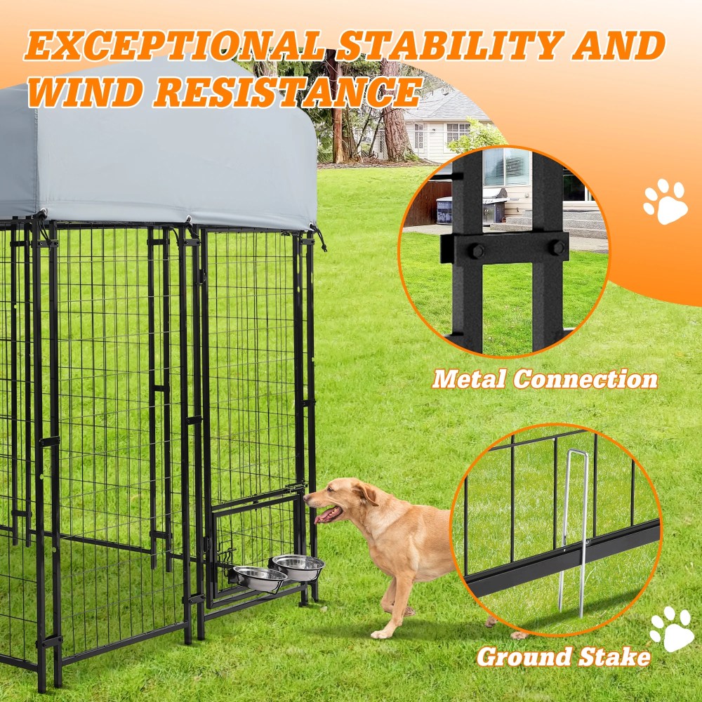 Magic Union 8x4x6 FT Outdoor Dog Kennel with Roof Cover, Heavy Duty Dog House Outside with Lockable Door, Indoor Dog Playpen Outdoor Dog Cage Pen Pet Fence with 2 Rotating Feeding Bowls for Large Do - Image 2