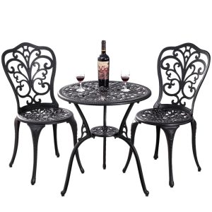Withniture 3 Piece Outdoor Bistro Set,All Weather Cast Aluminum Patio Dining Table and Chairs with 2" Umbrella Hole,Black