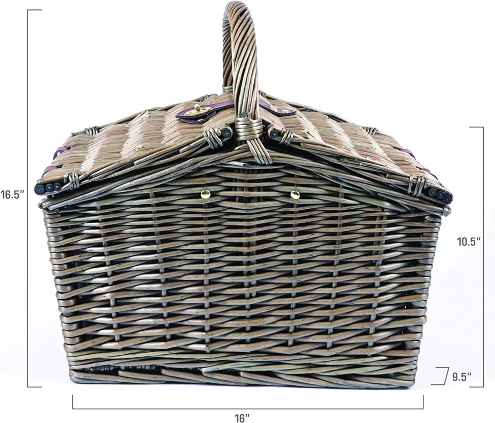 Picnic Time Piccadilly Vintage English-Style Wicker Picnic Basket for 2 with Complete Deluxe Service and Double-Lid Design, Anthology Collection-Gray with Gold Accents - Image 3