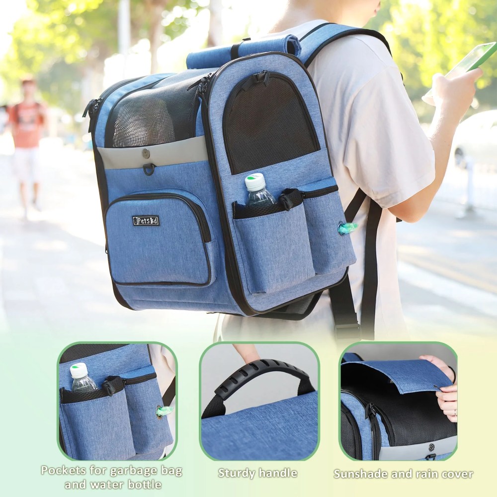 PETSKD Pet Carrier Backpack for Dogs Cats, 13x11x16.5 inches Outdoor Travel Backpack with with Safety Lock Zipperl, Large Space Foldable Backpack for Pets Under 20 lbs, Blue - Image 9