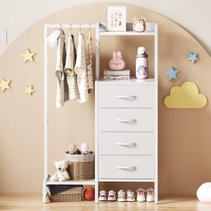 44"H Dresser with Hanging Rack & 4 Fabric Storage Drawers,Reversible Chest of Drawer with Clothes Rack,Small Closet for Bedroom,Entryway,Dorm,White