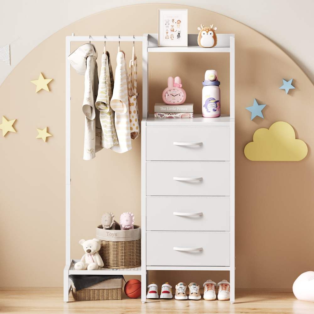 44"H Dresser with Hanging Rack & 4 Fabric Storage Drawers,Reversible Chest of Drawer with Clothes Rack,Small Closet for Bedroom,Entryway,Dorm,White