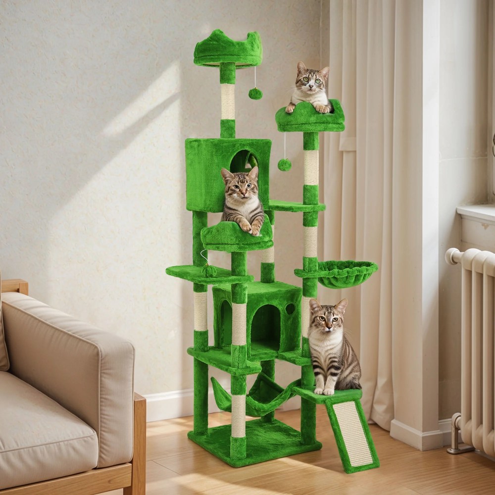 Uforic 75" Large Cat Tree Tower with Multi-Level Play Condo, Sisal Ramp, Scratching Posts & Cozy Basket Hammocks, Green - Image 2