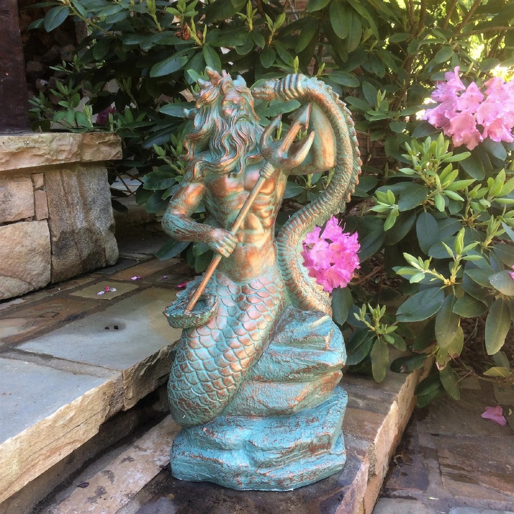 Homestyles 22 in. Bronze Patina Poseidon Ruler of Sea Sitting on Rock Nautical Beach Extra Large Mermaid Statue - Image 5
