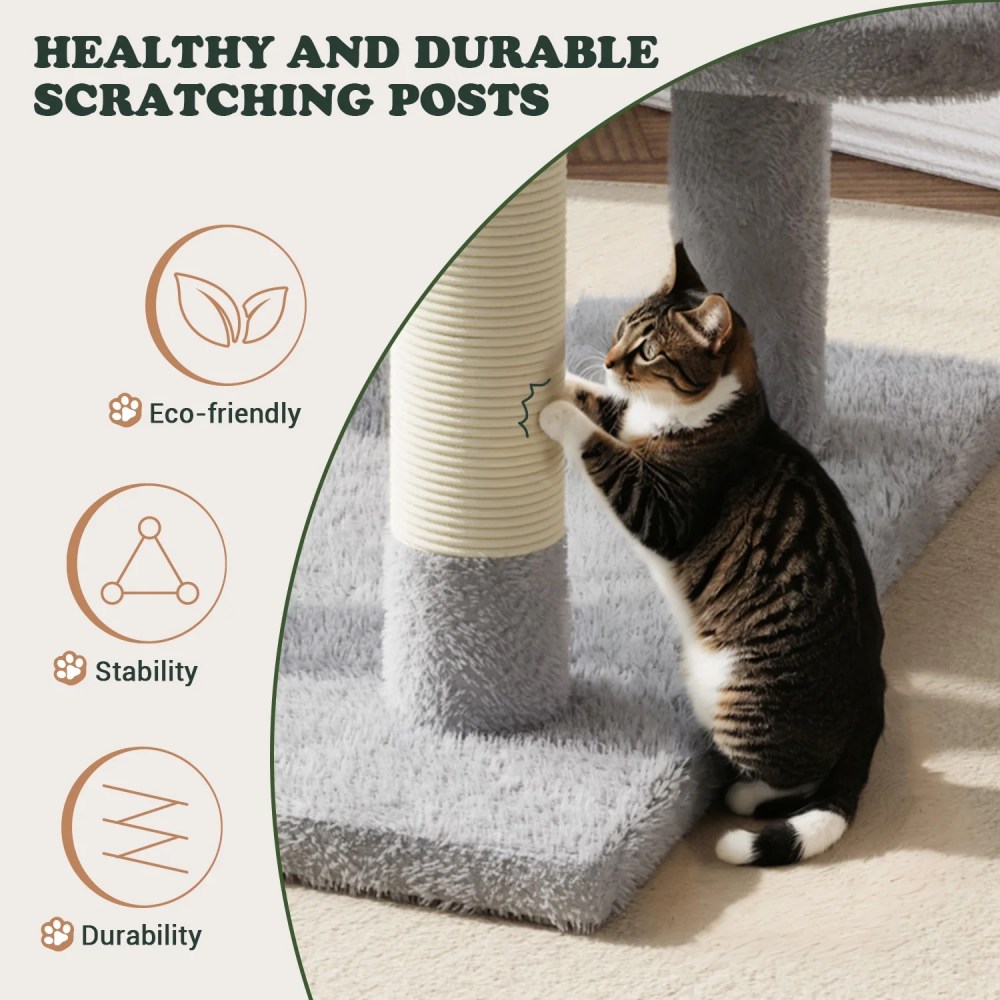 Amolife 65.7" Large Cat Tree and Tower Condo for Indoor Cats with 2 Scratching Boards, Hammock & Post, Gray - Image 3
