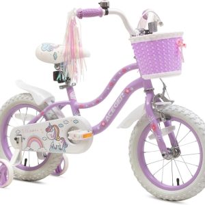 ACEGER 14 Inch Girls Bike with Basket and Training Wheels, Unicorn Style for Ages 3-6, Purple