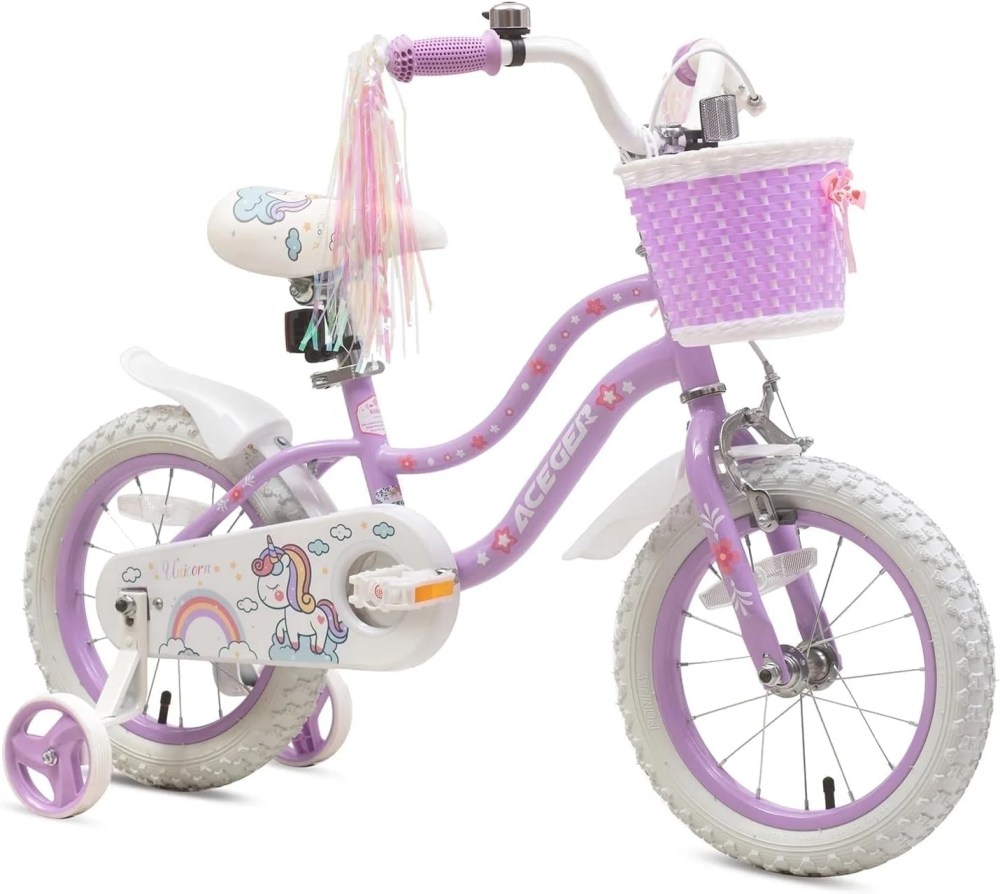 ACEGER 14 Inch Girls Bike with Basket and Training Wheels, Unicorn Style for Ages 3-6, Purple
