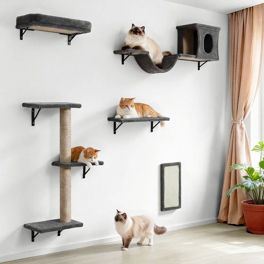 Cat Wall Shelves Perches Set, DOMIPET 5 in 1 Wall Furniture, Sleeping Playing Lounging Climbing Wall-mounted Cat Tree House for Multiple Cats - Image 3