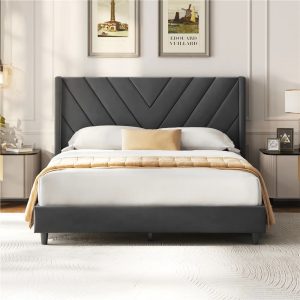 Yaheetech Upholstered Platform Bed with Tufted Headboard,Queen,Dark Gray