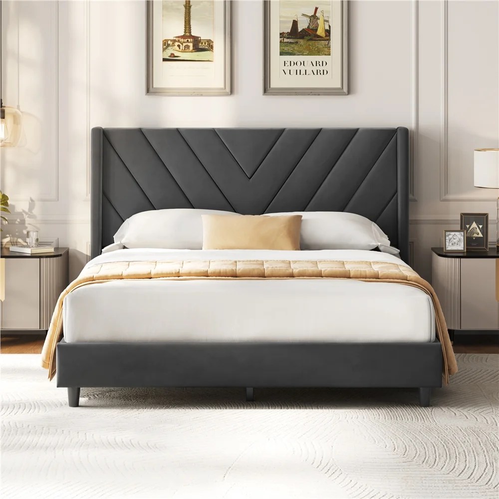 Yaheetech Upholstered Platform Bed with Tufted Headboard,Queen,Dark Gray