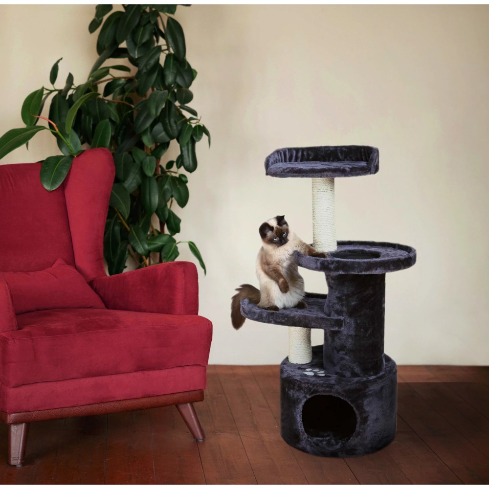 TRIXIE Oviedo Plush 3-Level 41" Cat Tree with Sisal Scratching Posts, Condo & Tunnel, Gray - Image 3