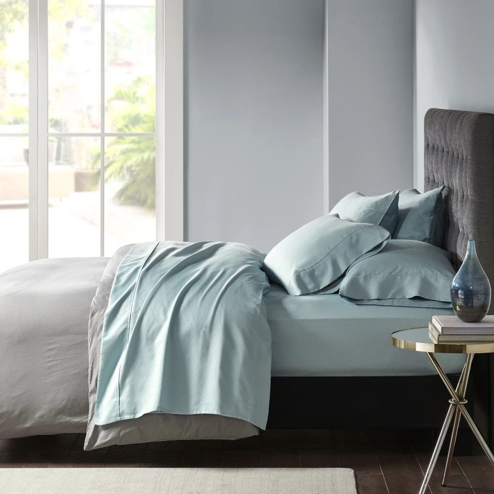 Madison Park 6-piece 800 Thread Count Cotton Blend Sateen Sheet Set, Queen - Aqua, Resistant to fading, shrinking and wrinkles